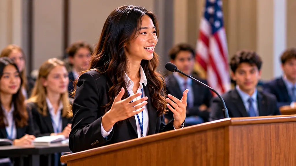 Teen presenting an idea during a debate and civics activity at summer Academic Camp