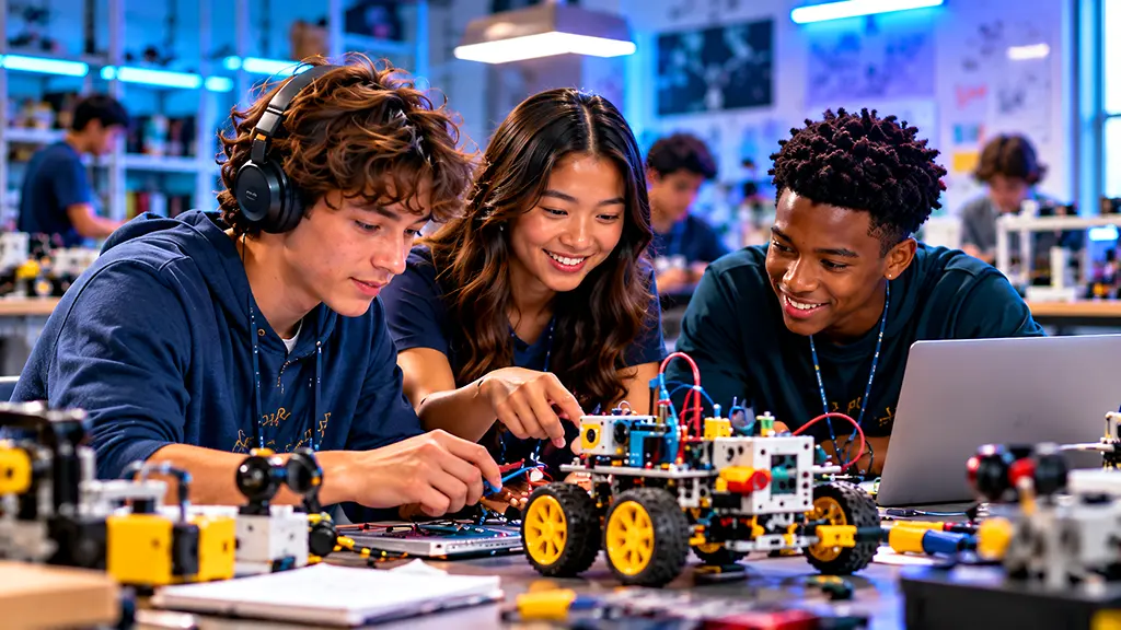 Teens collaborating on an innovation and hands-on academic camp project