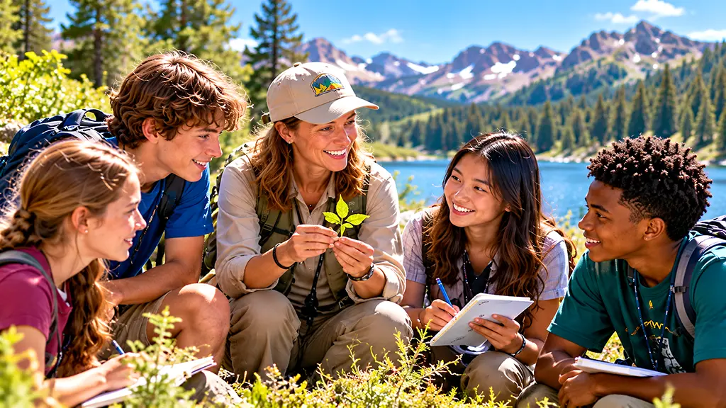 Academic camp students exploring nature outdoors with an experienced mentor